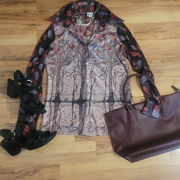 VTG 70s Disco Leisure Novelty Print Blouse Top Shirt Medium Fairy Eclectic Artsy - Picture 1 of 9